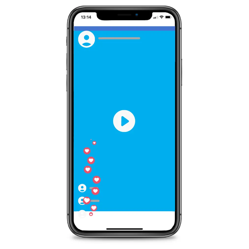 A smartphone display showcases a social media story feature with a vibrant blue background and a white play button at the center, indicating a video story. To the right, a cascade of animated reactions, including likes and hearts, flows upwards, simulating user engagement with the content. The top of the screen has a user icon with a placeholder for the profile name, and the entire scene is framed within the phone’s sleek black bezels, giving a modern and interactive look typical of social media story formats.