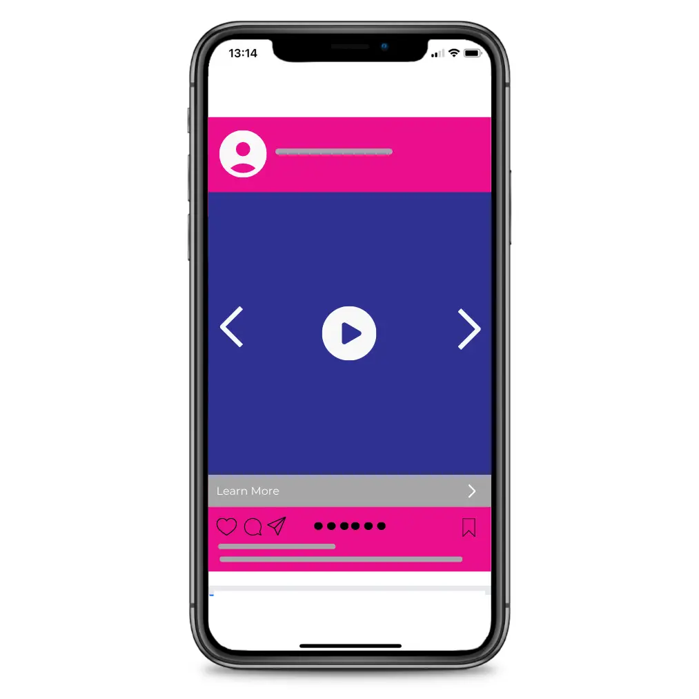 The image showcases a smartphone with a social media interface for a carousel ad. At the top, there is a pink header with a user icon and placeholder text, below which is a blue central area with a white play button, flanked by carousel navigation arrows. At the bottom, a 'Learn More' button is prominently displayed along with interactive dots indicating additional content. Engagement icons for liking and commenting, as well as sharing and bookmarking, are also visible in the footer, all set against a vibrant pink background. This layout is typical for carousel ads on this image-sharing platform, designed to encourage user interaction and content discovery.