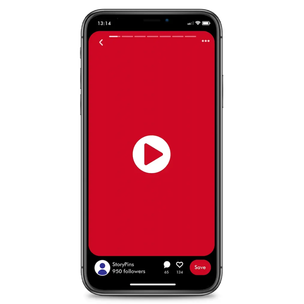 A smartphone screen displaying an interface from a visual discovery application, featuring a bold red background with a central white play button, indicating a video story pin ready to be viewed. The bottom of the screen displays the account name 'StoryPins' with the number of followers, likes, and saves, alongside a 'Save' button. The top has a back arrow and more options indicated by three dots, typical of a user interaction within the app. The screen is framed by the device's black bezels, showcasing the content within the app's context.