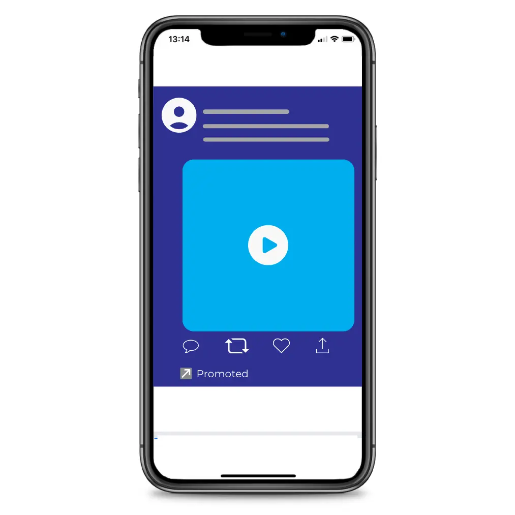 A smartphone screen showcasing a social media application with a sponsored video advertisement. The ad features a prominent blue square with a central play icon. Above the ad, there's a user icon and placeholder text lines, suggesting post details. Below the video, the interface includes icons for comments, sharing, likes, and uploads, along with a label that clearly states 'Promoted', indicating the content is paid advertising. The interface is dominated by shades of blue, typical for this popular social networking platform.