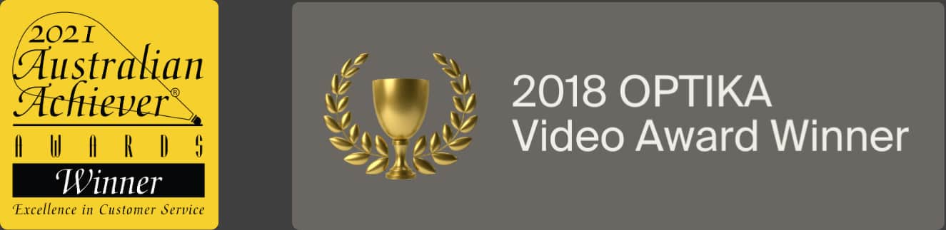 DreamCube's awards: 2021 Australian Achiever for Customer Service, 2018 OPTIKA Video Award, golden cup, laurel.